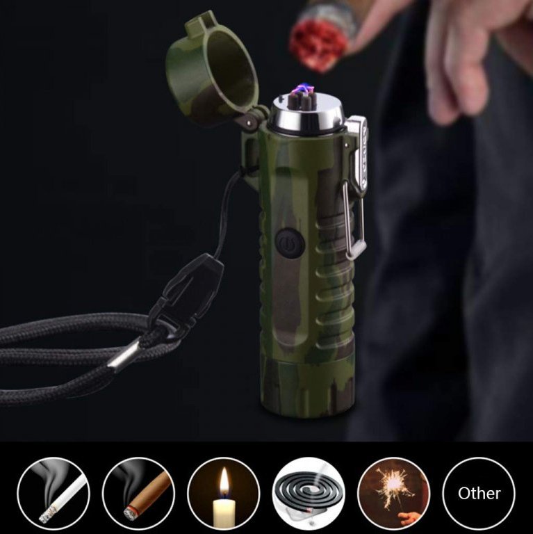 Maskáčový plazmový zapalovač s led baterkou voděodolný USB nabíjení